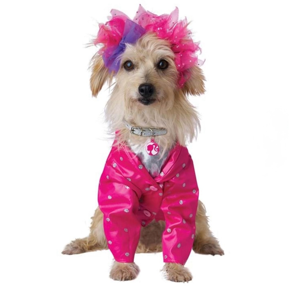 Barbie & the rockers pet dog medium pink metallic jacket headband collar charm